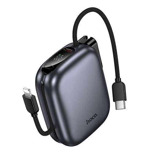 Универсальный Доп. Аккумулятор 10000mAh, Q49, HOCO, выход 1 PD (20W), кабель: Type-C, Lightning, с дисплеем, серый