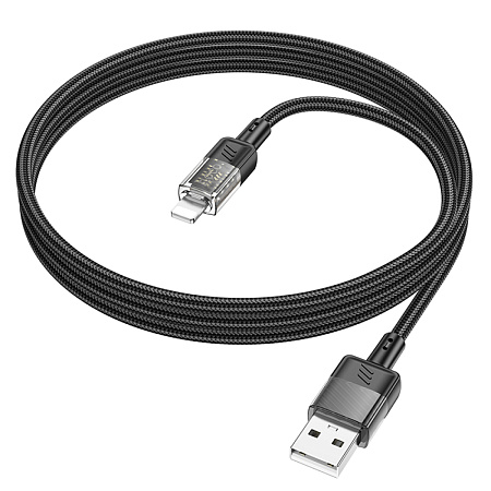 USB дата кабель Lightning, HOCO, U129, 1.2м, черный с прозрачным