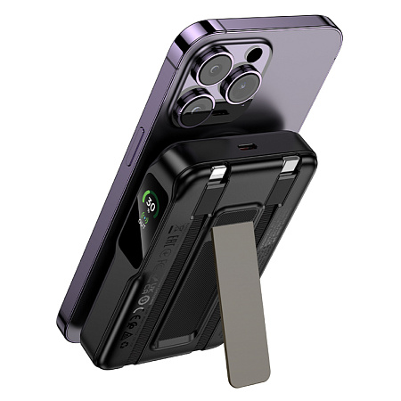 Универсальный Доп. Аккумулятор 10000mAh, Q48, HOCO, 1 PD 20W, MagSafe, кабели: Type-C, Lightning, подставка, черный