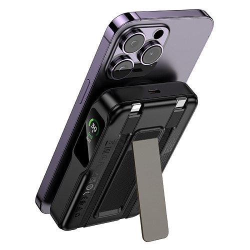 Универсальный Доп. Аккумулятор 10000mAh, Q48, HOCO, 1 PD 20W, MagSafe, кабели: Type-C, Lightning, подставка, черный
