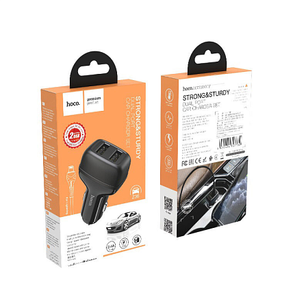 Автомобильное зарядное устройство, 2 USB 2.4A (Z36), usb cable lightning, HOCO, черный