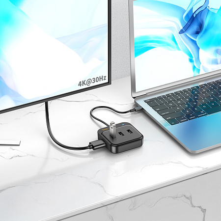 USB Хаб (HB36) с 1 Type-C на HDMI+1 USB 3.0+2 USB 2.0+1 PD, HOCO, черный