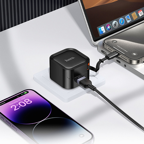 Сетевое зарядное устройство, 1 USB 3.0 QC+встроенный кабель-рулетка Type-C, 20W (C154A), HOCO, черный