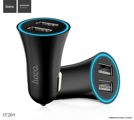 Автомобильное зарядное устройство, 2 USB 2.4A (UC204), HOCO, черный