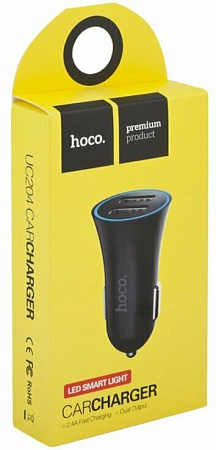 Автомобильное зарядное устройство, 2 USB 2.4A (UC204), HOCO, черный