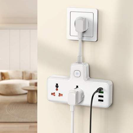 Сетевой фильтр на 2 розетки+3 USB+1 PD, 0.85м, AC12A, HOCO, белый
