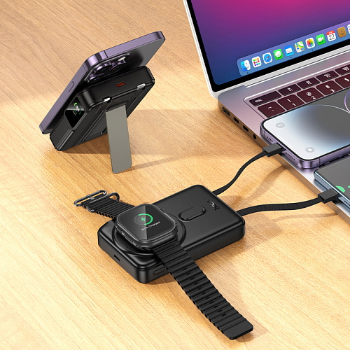 Универсальный Доп. Аккумулятор 10000mAh, Q48, HOCO, 1 PD 20W, MagSafe, кабели: Type-C, Lightning, подставка, черный