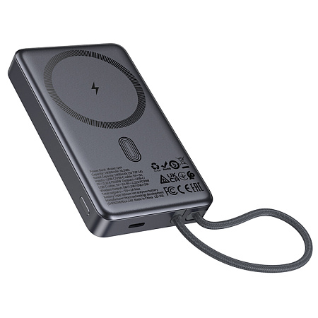 Универсальный Доп. Аккумулятор 10000mAh, Q44, HOCO, 1 PD 20W, беспроводная зарядка (MagSafe), с кабелем Type-C, серый