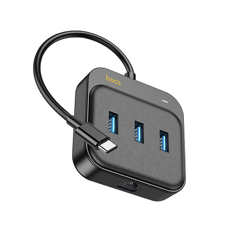 USB Хаб (HB35) с 1 Type-C на 3 USB 3.0+RJ45, HOCO, L=0.2M, черный