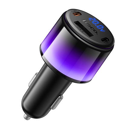 Автомобильное зарядное устройство, 1 USB QC3.0 12W, 2 PD 45W (Z69B), HOCO, с дисплеем, черный с синим