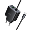 Сетевое зарядное устройство, 1 Type-C 25W + 1 USB 3.0 QC (C164A), HOCO, встроенный кабель Type-C, черный