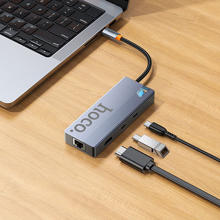 USB Хаб (HB52) с 1 Type-C на HDTV+RJ45+SD/TF+PD+Type-C 3.0+2 USB 3.0, HOCO, серый