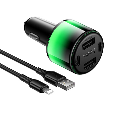 Автомобильное зарядное устройство, 2 USB 5V/2.4A + 2 PD 5V/2.4A (Z69), HOCO, usb cable lightning, с подсветкой, черный