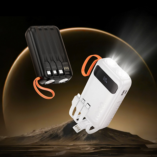 Универсальный Доп. Аккумулятор 10000mAh, J151, HOCO, выход 4 кабеля: Micro, Type-C, Lightning, USB, черный