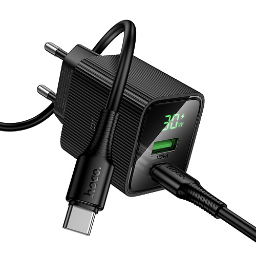 Сетевое зарядное устройство, 1 PD 30W + 1 USB 3.0 QC (CS84A), HOCO, Type-C to Type-C, с дисплеем, черный