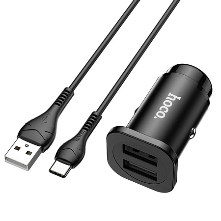 Автомобильное зарядное устройство, 2 USB 2.4A (NZ4), usb cable Type-C, HOCO, черный