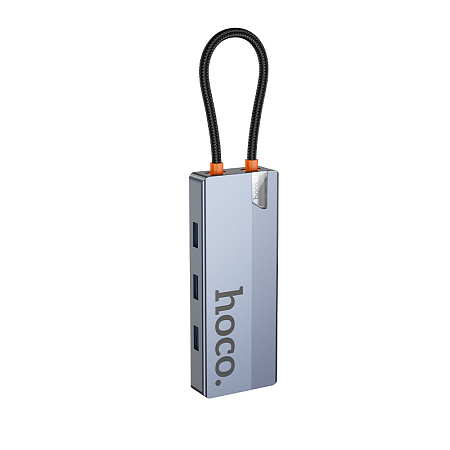 USB Хаб (HB51) с 1 Type-C на HDTV+RJ45+PD+3 USB 3.0, HOCO, серый