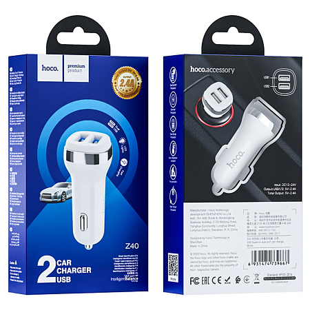 Автомобильное зарядное устройство, 2 USB 2.4A (Z40), HOCO, белый