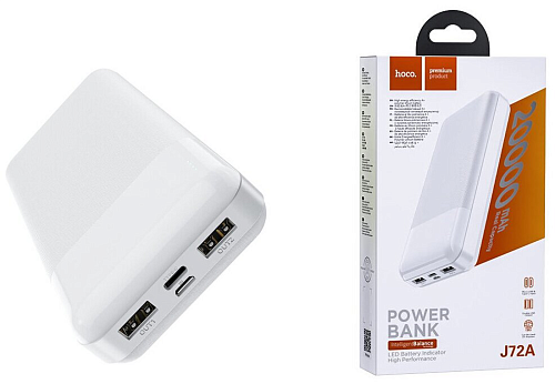 Универсальный Доп. Аккумулятор 20000mAh, J72A, HOCO, 2 USB (5V/2.0A), белый