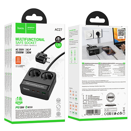 Сетевой фильтр на 2 розетки +1 USB+2 PD, 2м, AC27, HOCO, черный