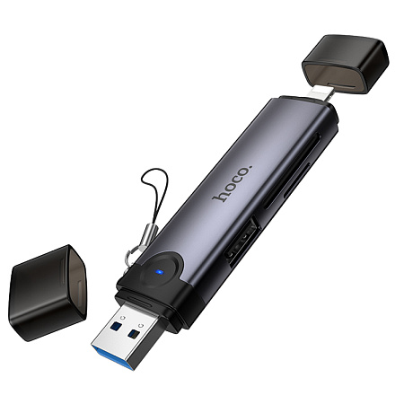 Картридер 3 в 1, USB/IP на SD/TF3.0+USB 2.0, HB56A, HOCO, серый