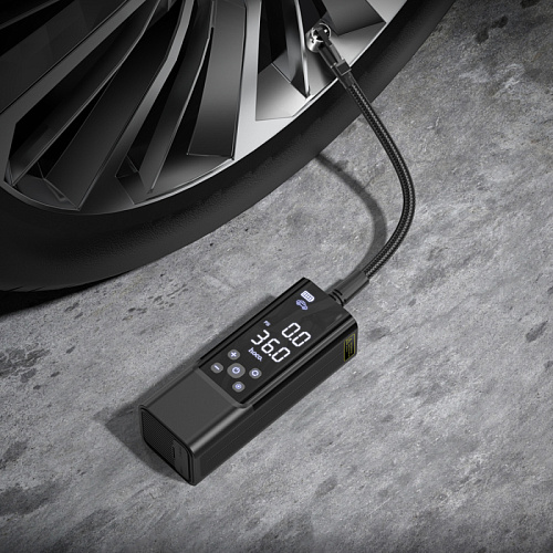 Автомобильный насос ZP7, HOCO, с аккумулятором (5000mAh, 2 колеса 205/55/R16 0-2.5Bar) и дисплеем, черный