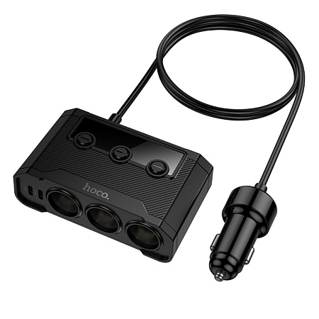 Разветвитель прикуривателя на 2 USB 5В 2.4А + 2 PD 5В 3А + 3 прикуривателя на проводе Z64, с дисплеем, черный