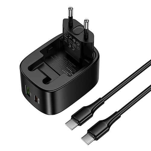 Сетевое зарядное устройство, 1 PD 30W + 1 USB 3.0 QC (CS102A), HOCO, Type-C to Type-C, складное, черный