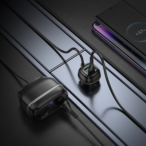 Разветвитель прикуривателя на 2 USB QC3.0 18W + 2 PD 30W + 1 прикуриватель на проводе Z59A, черный
