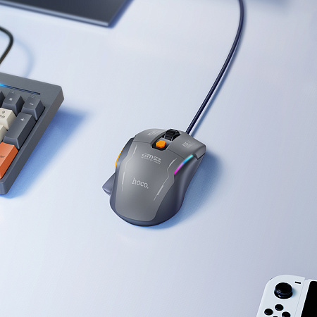 Проводная мышь игровая с RGB подсветкой, GM52, HOCO, вес 92 г, черный с серым