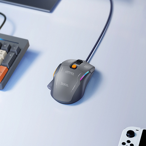 Проводная мышь игровая с RGB подсветкой, GM52, HOCO, вес 92 г, черный с серым