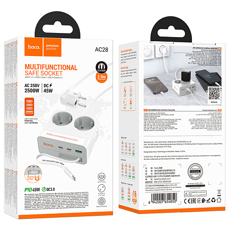 Сетевой фильтр на 2 розетки +1 USB+2 PD, кабель Type-C, 2м, AC28, HOCO, белый