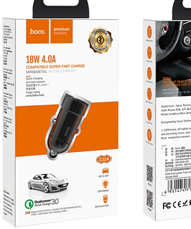 Автомобильное зарядное устройство, 1 USB 18W, QC3.0 (Z32A), HOCO, черный