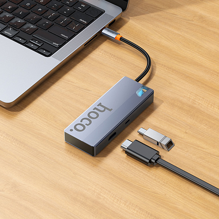USB Хаб (HB50) с 1 Type-C на HDTV+1 PD+3 USB 3.0, HOCO, серый