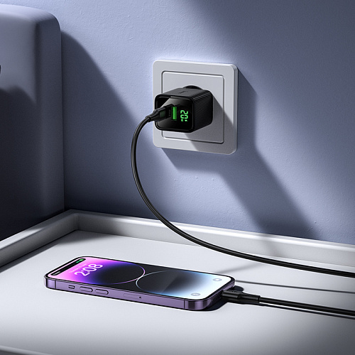 Сетевое зарядное устройство, 1 PD 20W + 1 USB 3.0 QC (CS83A), HOCO, Type-C to Lightning, с дисплеем, черный