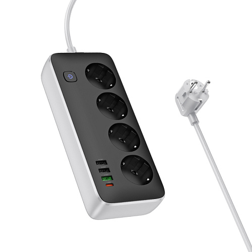 Сетевой фильтр на 4 розетки+3 USB+1 PD(30Вт), 1.5 м, AC22, Sunlight, HOCO, черный