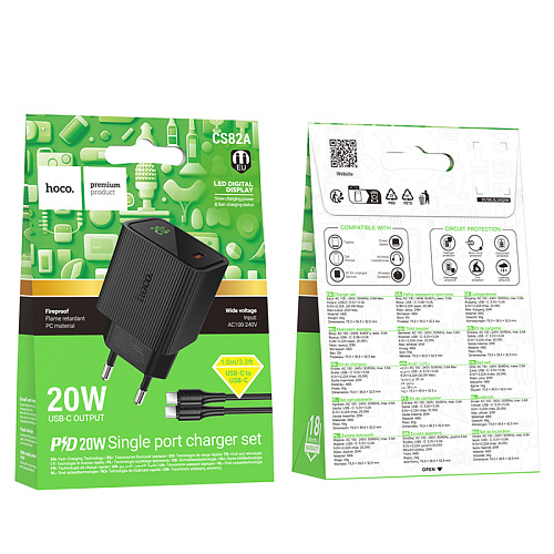Сетевое зарядное устройство, 1 PD 20W  (CS82A), HOCO, Type-C to Type-C, с дисплеем, черный