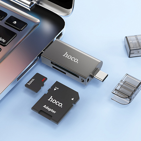 Картридер, USB/Type-C 3.0, HB39, HOCO, поддержка TF/SD карт, серый