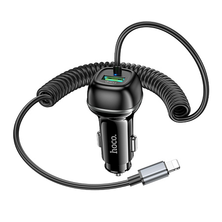 Автомобильное зарядное устройство, 1 USB QC3.0 18W, витой кабель Lightning (Z58B), HOCO, черный