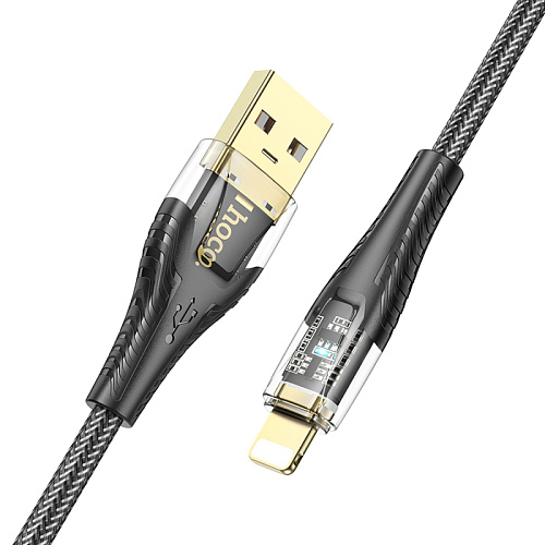 USB дата кабель Lightning, HOCO, U121, 1.2м, прозрачный черный