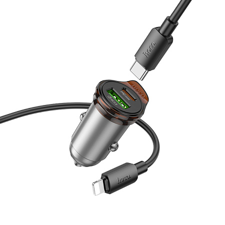 Автомобильное зарядное устройство, 1 USB QC3.0 18W, 1 PD 25W (NZ16A), HOCO, Type-C to Lightning, серый