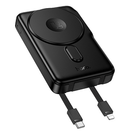 Универсальный Доп. Аккумулятор 10000mAh, Q48, HOCO, 1 PD 20W, MagSafe, кабели: Type-C, Lightning, подставка, черный