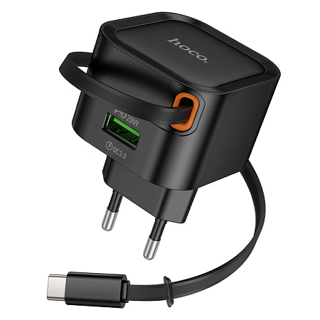 Сетевое зарядное устройство, 1 USB 3.0 QC+встроенный кабель-рулетка Type-C, 20W (C154A), HOCO, черный