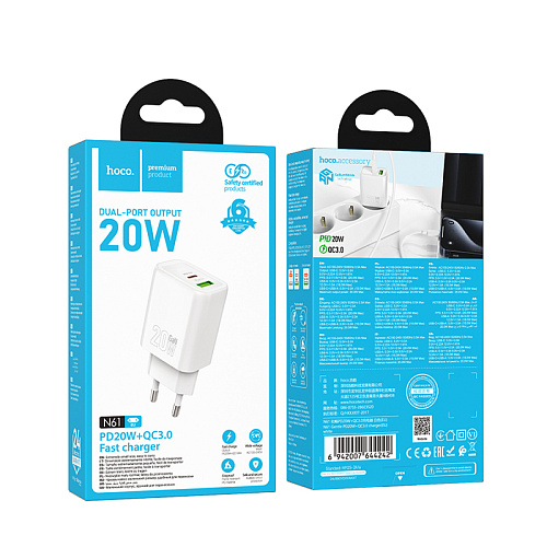 Сетевое зарядное устройство, 1 PD 20W + 1 USB 3.0 QC (N61), HOCO, белый
