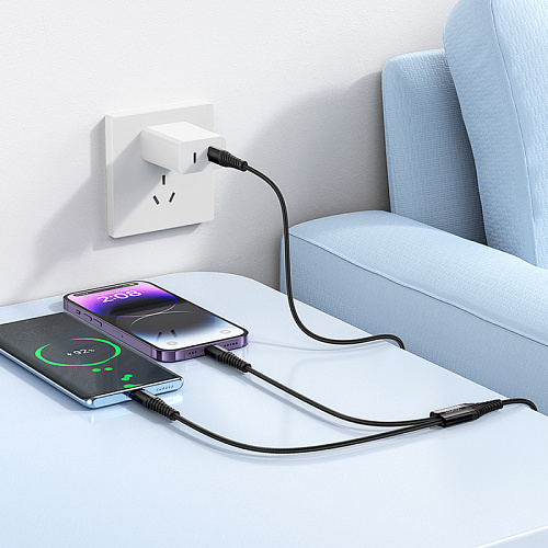 Кабель с 1 Type-C на 1 Type-C и 1 Lightning, X123, HOCO, 5V 3A, черный