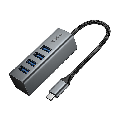 USB Хаб (HB1C) c 1 Type-C на 4 USB 3.0, HOCO, скорость передачи: до 5 Гбит/с, серый