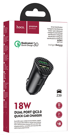 Автомобильное зарядное устройство, 2 USB 3.0 QC (Z39), 18W, HOCO, черный