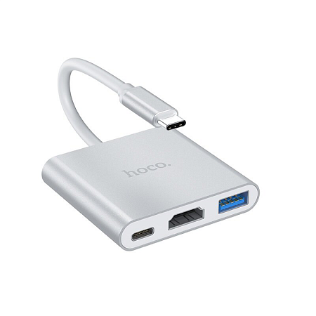 USB Хаб (HB14) c 1 Type-C на USB 3.0+HDMI+PD, HOCO, серебро
