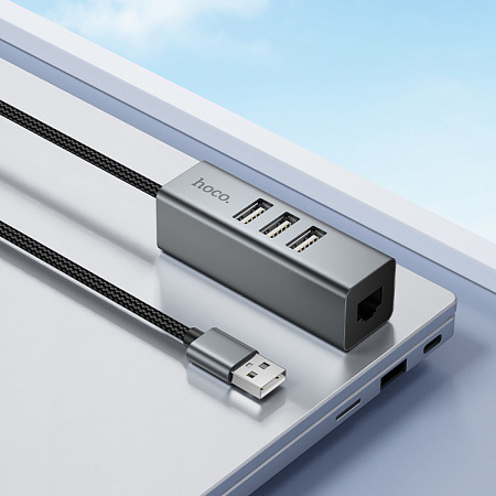 USB Хаб (HB1D) c 1 USB на 3 USB+RJ45, HOCO, скорость передачи: до 480 Мбит/с, серый