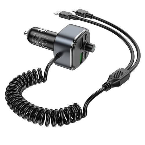 Bluetooth FM модулятор, E74, HOCO, с кабелем Type-C и Lightning, серый